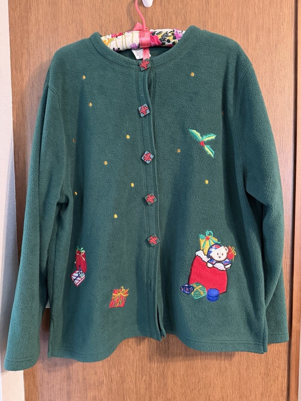Vintage Premier international 2x green fleece ugly sweater cardigan grandmacore